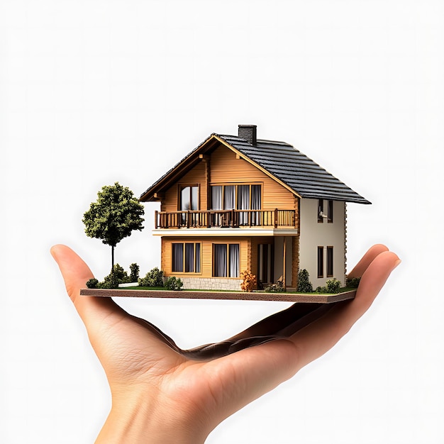 Photo a hand holding and presenting a 3d house model with a real estate business concept