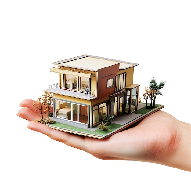 A hand holding and presenting a 3d house model with a real estate business concept