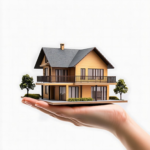 A hand holding and presenting a 3d house model with a real estate business concept