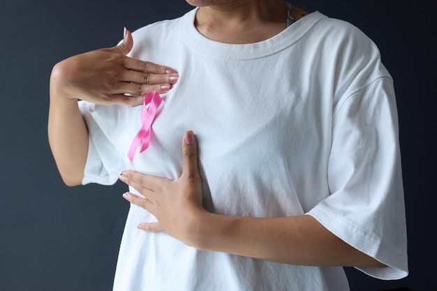 hand holding and pushing breast and pink breast cancer awareness ribbon on female white tshirt