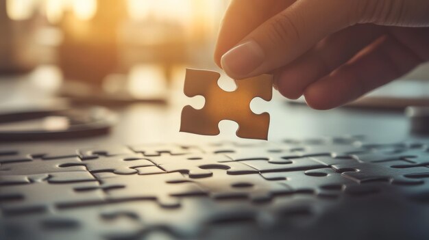 Hand holding a puzzle piece in a warm light setting Represents problemsolving and strategic thinking in business