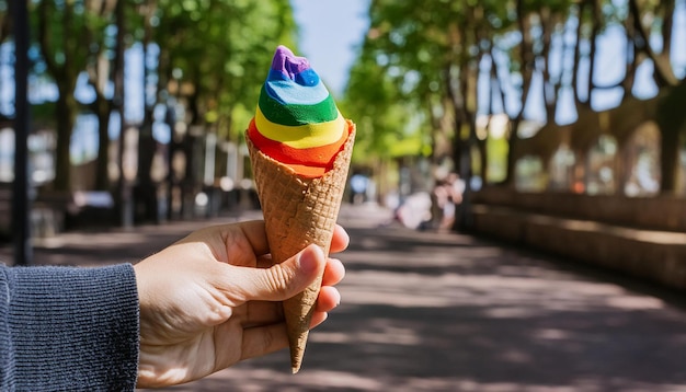 Hand holding rainbow ice cream Closeup shot of rainbow ice cream dessert with space for text