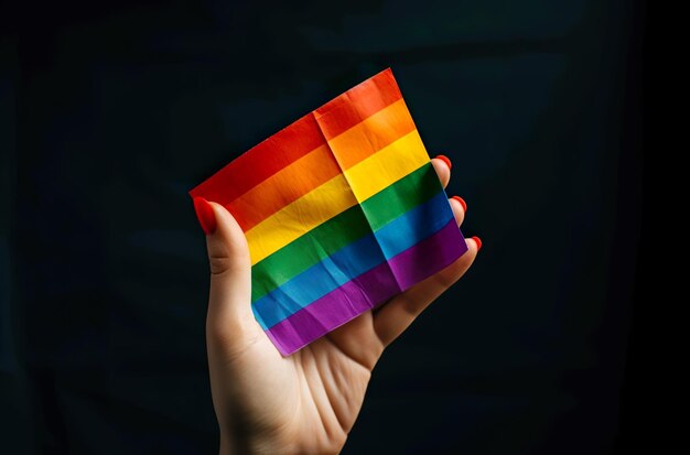 A hand holding a rainbow paper folded into a triangle.