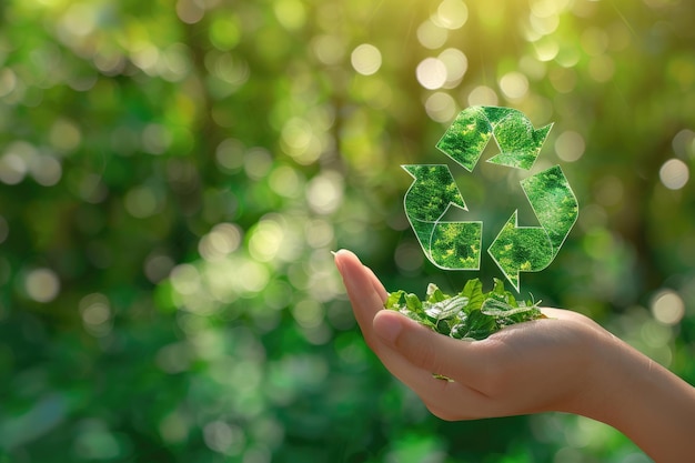 Hand holding recycle symbol on green bokeh background eco and save the earth concept