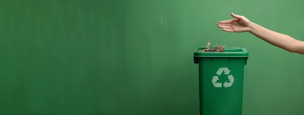 Hand holding a recycling rubbish bin against a green background