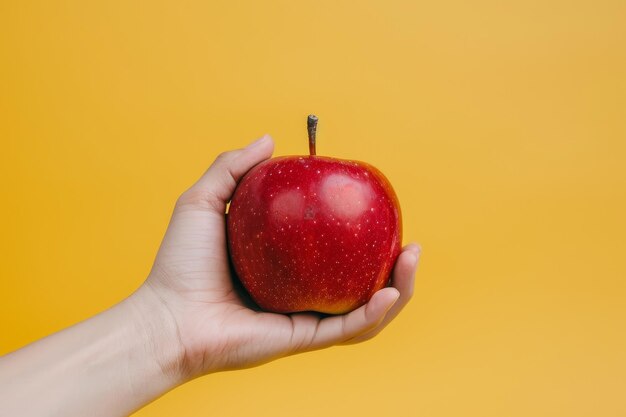 Hand Holding A Red Apple Against A Yellow Background