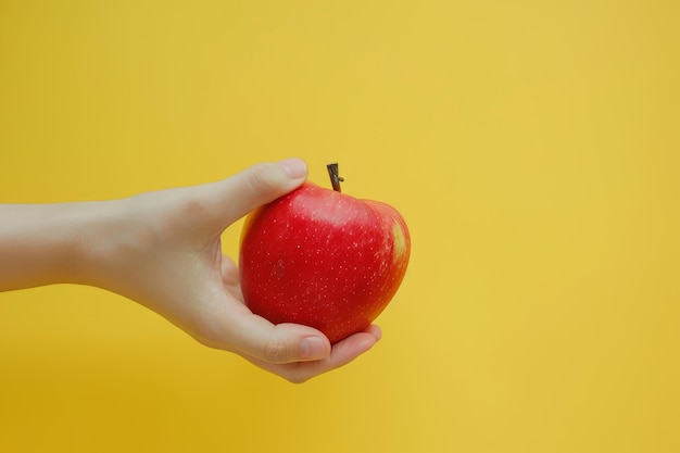 Hand Holding Red Apple Against Yellow Background