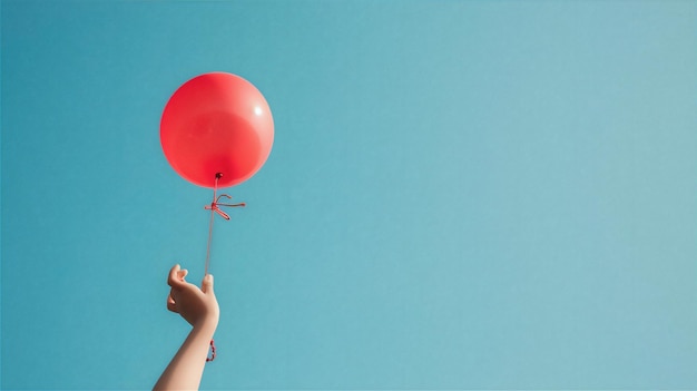 a hand holding a red balloon with a flower on it