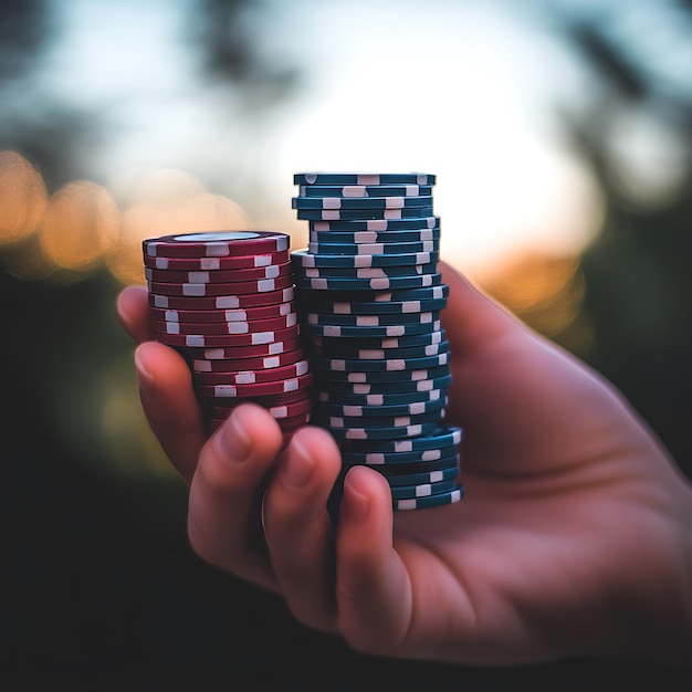 Hand Holding Red and Blue Casino Chips with Bokeh Background