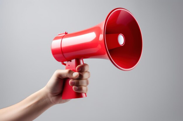 Photo hand holding a red megaphone the concept is communication and announcement