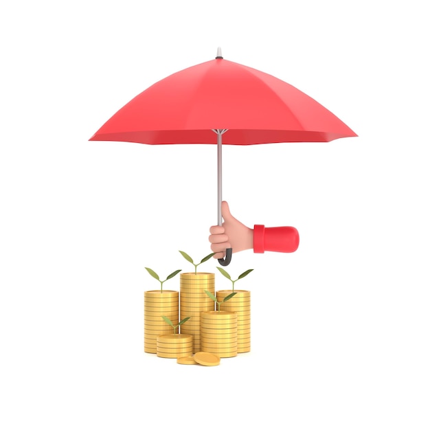 Hand holding red umbrella over pile of coins Close up of stack of coins