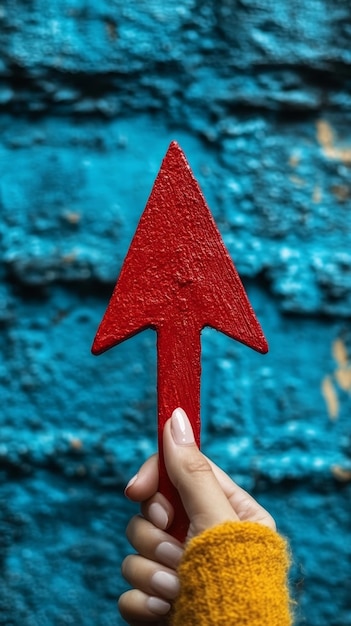 Photo hand holding red upward arrow on blue background