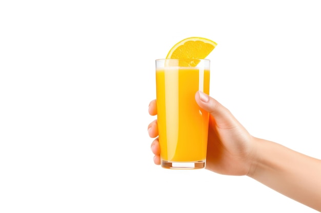 Hand holding a refreshing glass of orange juice isolated on a white background with clipping path