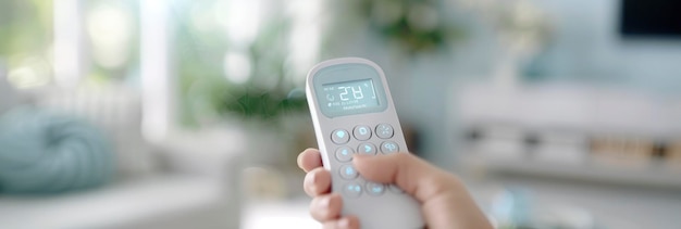 Photo a hand holding remote control of air conditionar against blur background of bright room with airconditionar