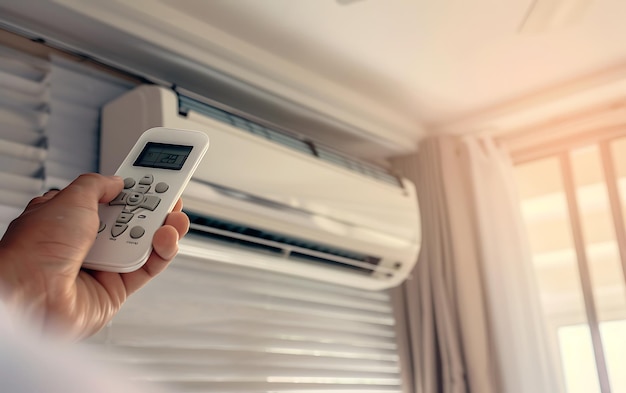 Hand holding remote control of air conditioner in living room at home