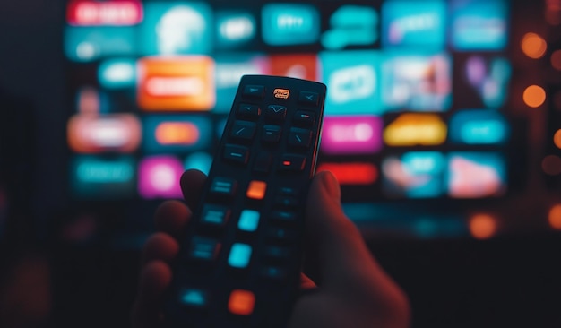 Hand Holding Remote Control While Browsing Multiple Screens of Digital Content on Smart TV