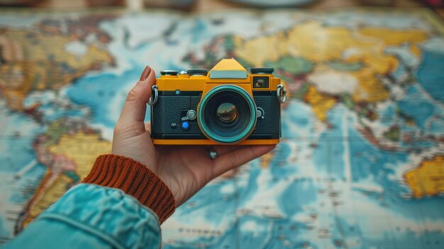 Hand holding retro camera against world map closeup image ai generated