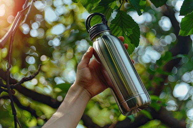 Photo hand holding a reusable thermo water bottle with nature in the background outdoor concept