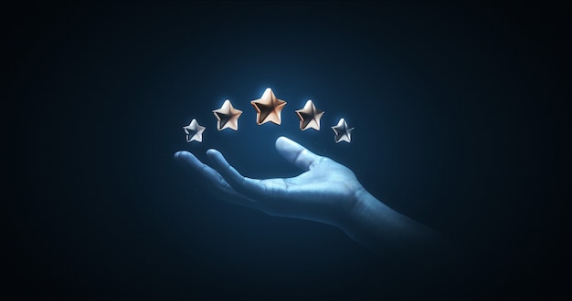 Hand holding review rating gold star sign or best excellent satisfaction five rate quality ranking success symbol on vote service rank background with like button and positive customer experience.