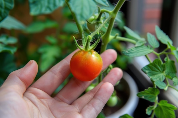 Photo hand holding ripe tomato on vine