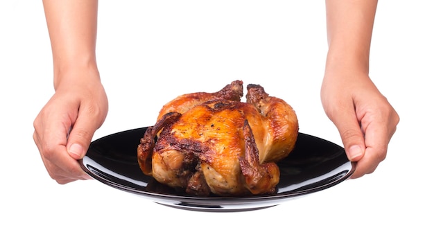 hand holding Roasted chicken in plate isolated on white background