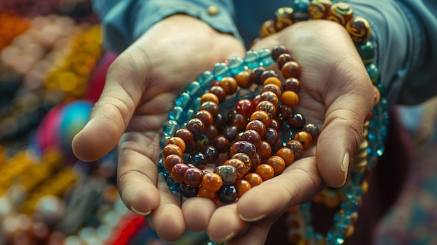 a hand holding a rosary with beads and beads