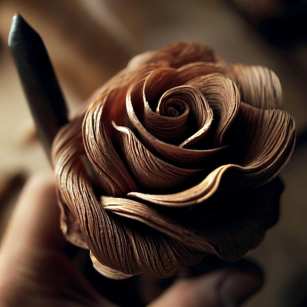 A hand holding a rose made of wood with a spiral design.