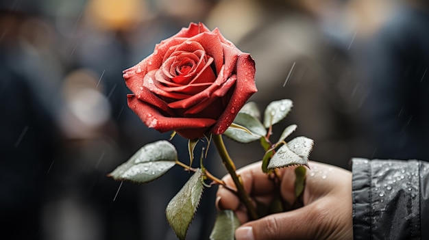 Hand holding roses at a funeral