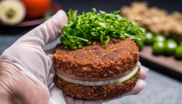 A hand holding a sandwich with lettuce and tomato