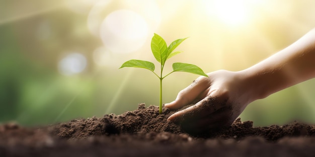 hand holding sapling for planting on soil behind nature background at sunny day