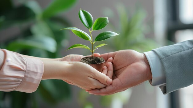 The hand holding a seedling