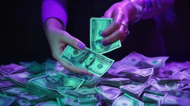 A hand holding several US dollar bills with more bills scattered below The background is dark with a purple glow giving a mystical or magical vibe