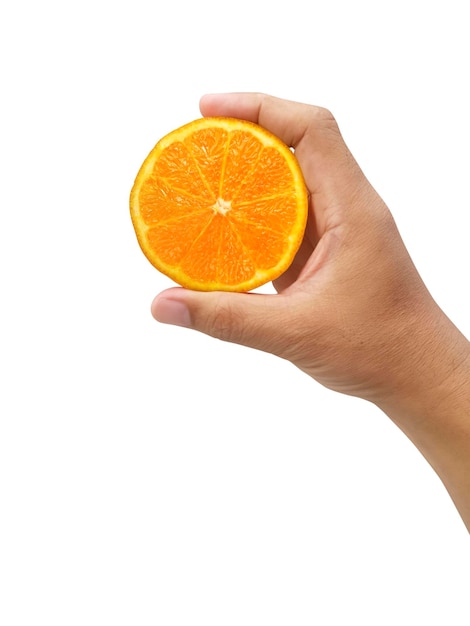 Hand holding slice of orange isolated on white background