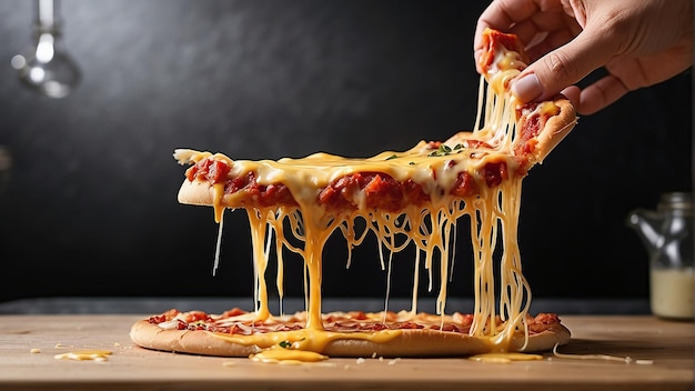 A hand holding a slice of pizza with melted cheese