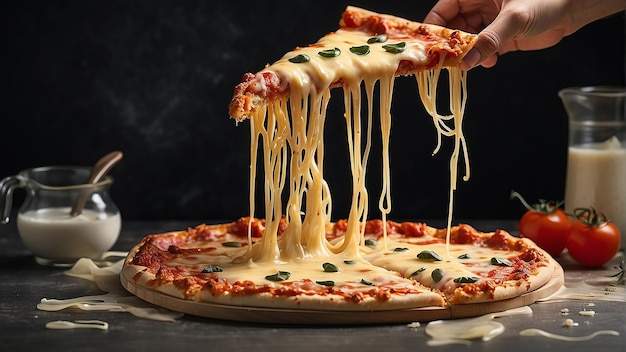 A hand holding a slice of pizza with melted cheese