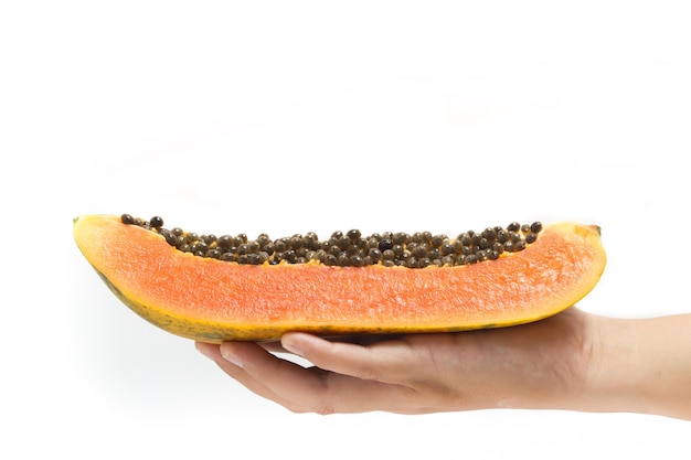 Hand holding sliced fresh organic papaya delicious fruit isolated on white background clipping path