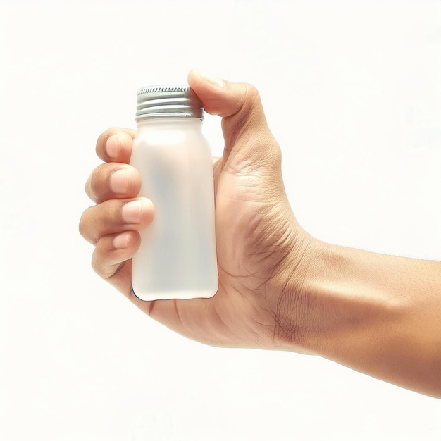 a hand holding a small bottle of water with a cap on it