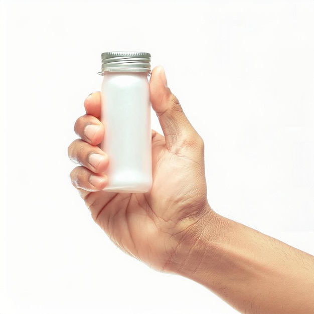 a hand holding a small bottle of water with a cap on it