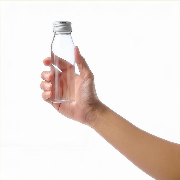 a hand holding a small bottle of water with a cap on it