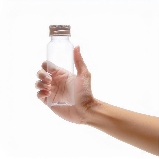 a hand holding a small bottle of water with a cap on it