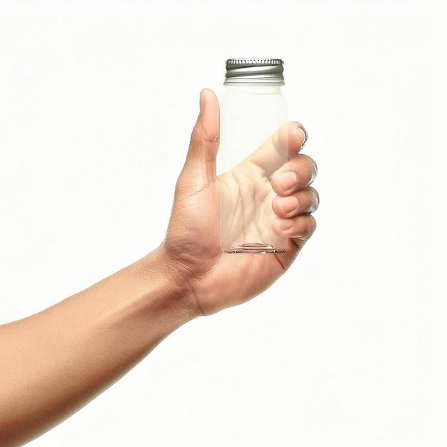 a hand holding a small bottle of water with a cap on it