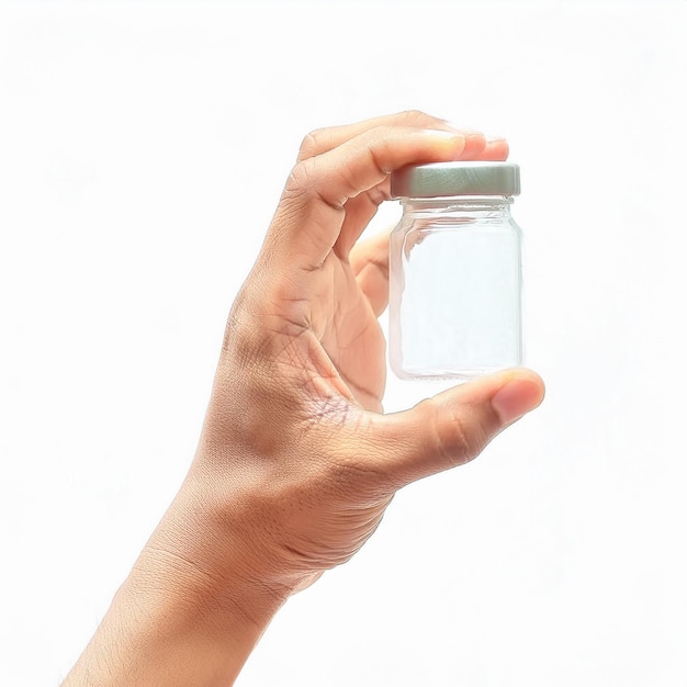 a hand holding a small bottle of water with a cap on it