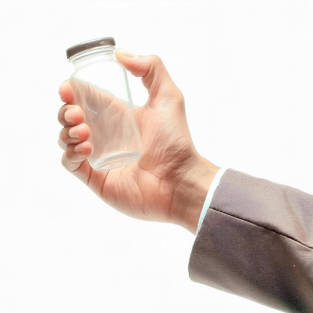 a hand holding a small bottle of water with a cap on it