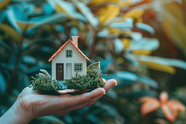 Hand holding small house in businessthemed background for mortgage