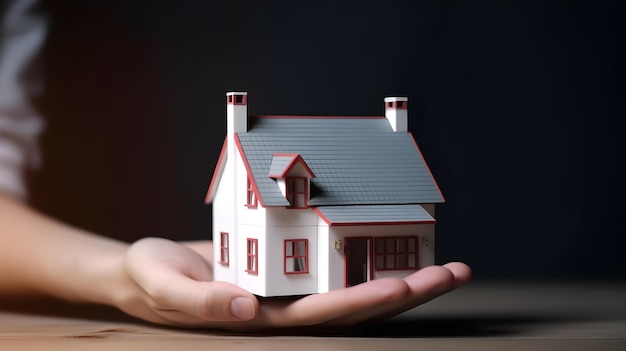 A hand holding a small house with a black background