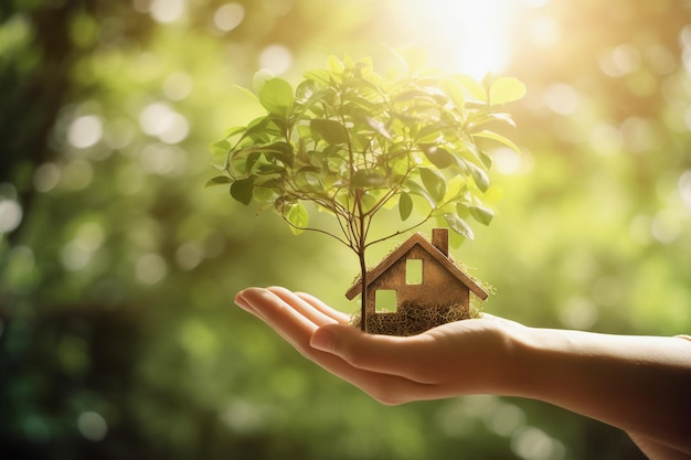 A hand holding a small house with a tree growing out of it.