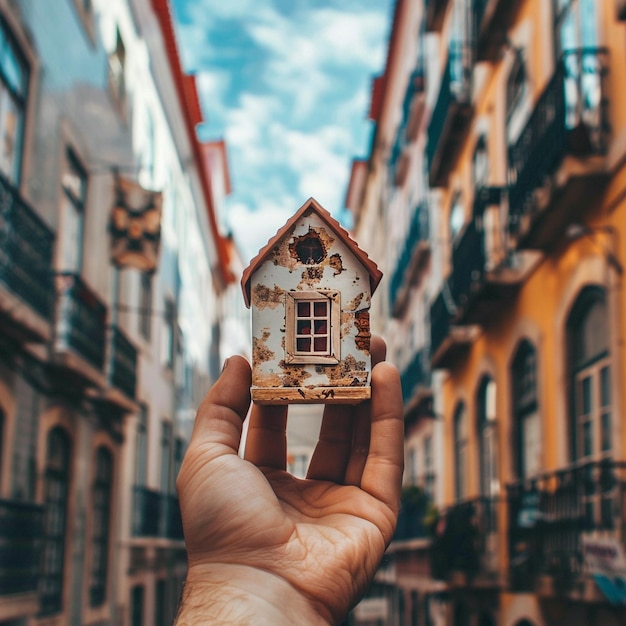 a hand holding a small model of a house that has a window on it