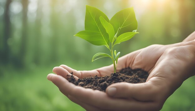 a hand holding a small plant with the sun behind it