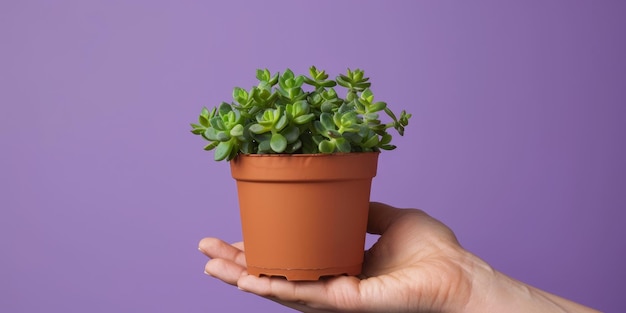 A hand holding a small potted plant with green leaves against a purple background