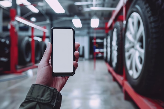 Photo hand holding smart phone with blank screen in tire service